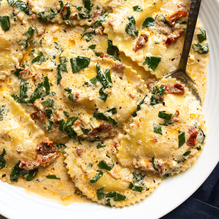 Ravioli with Roasted Garlic Pesto Cream Sauce Recipe